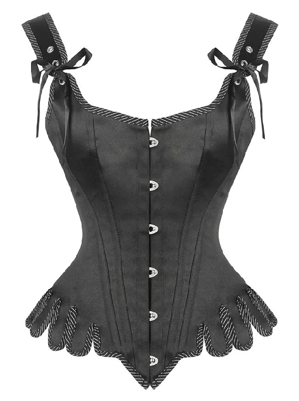 Gothic Steel Bones Wide Shoulder Straps Wavy Hem Solid Color Corset Vest