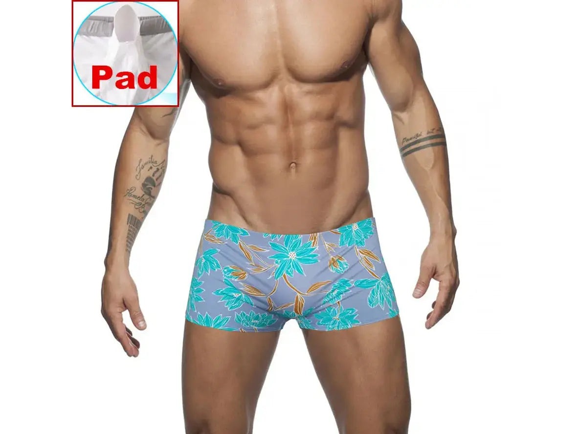 Gay Swim Trunks | Sexy Leaf Print Pushup Pad Swim Trunks