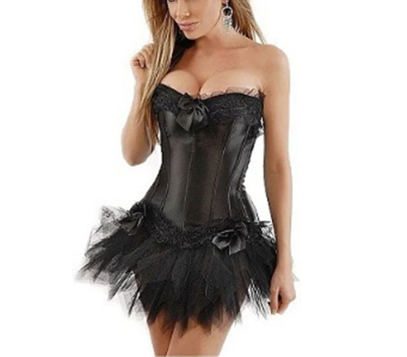 New Sexy Gothic Satin Lingerie Lace Corset Top + G-string + Skirt Bustier Mini Tutu Wedding Dress Costume Black Corset S-6XL