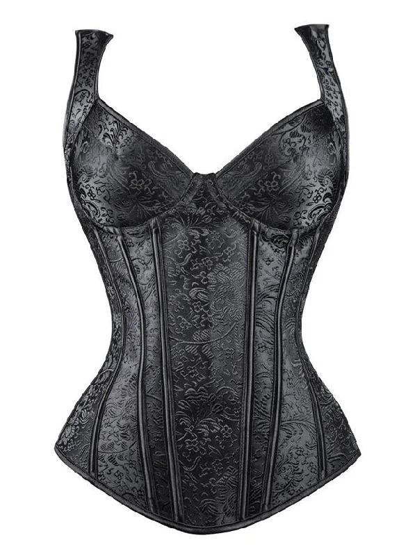 Gothic Vintage Jacquard Steel Boned Black Corset Vest for Halloween