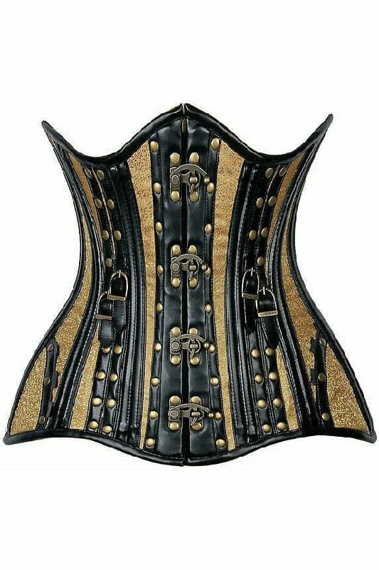 Top Drawer Faux Leather & Gold Brocade Steel Boned Under Bust Corset