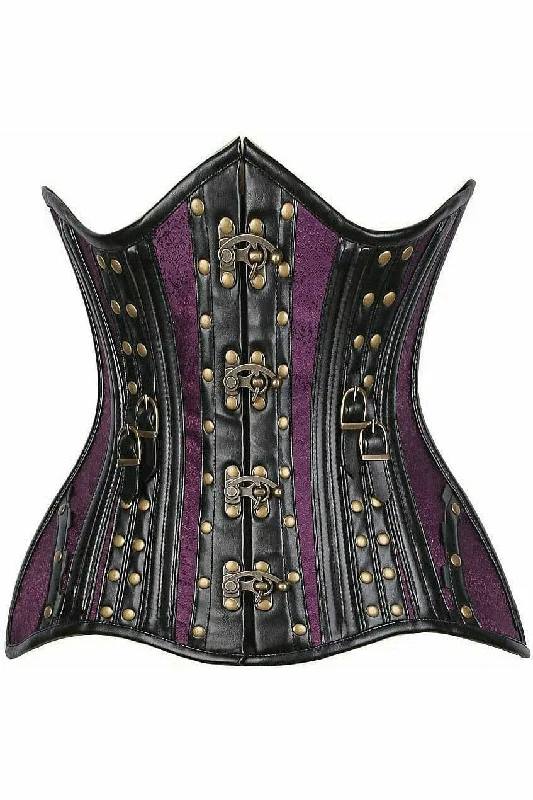 Top Drawer Faux Leather & Plum Brocade Steel Boned Under Bust Corset