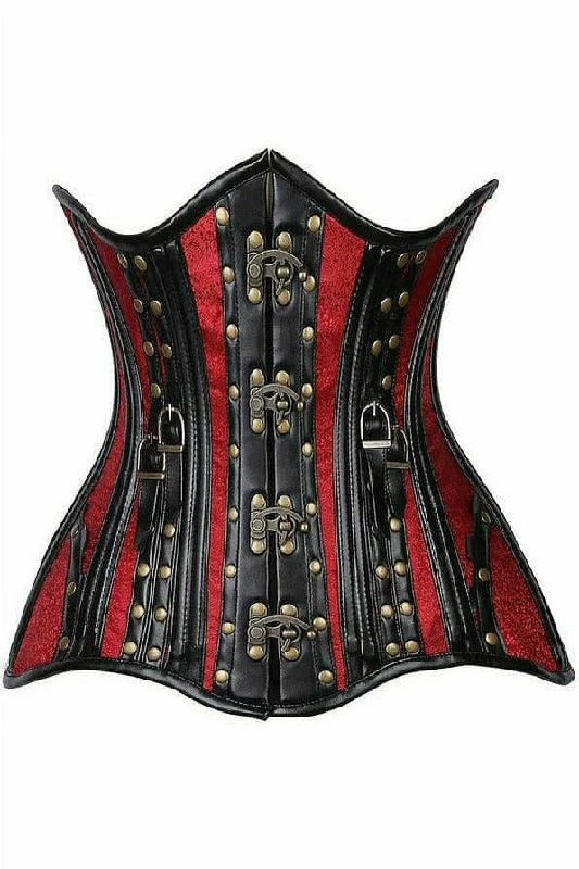 Top Drawer Faux Leather & Wine Brocade Steel Boned Under Bust Corset