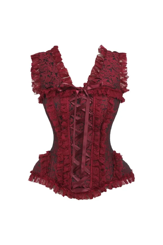 Top Drawer Red/Black Brocade & Lace Steel Boned Corset w/Cap Sleeves