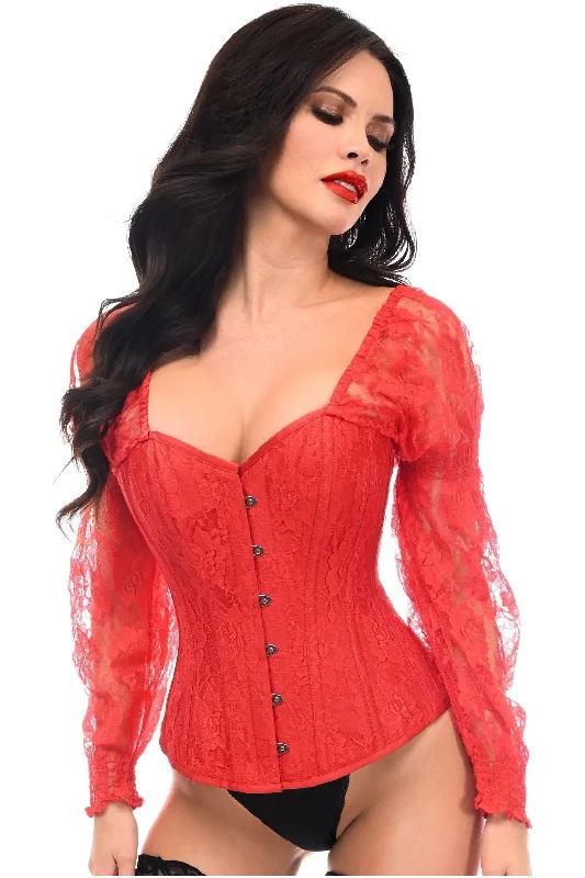 Top Drawer Red w/Red Lace Steel Boned Long Sleeve Corset