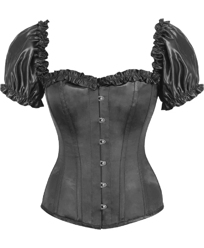 Top Drawer Steel Boned Black Satin Overbust Corset w/Sleeves