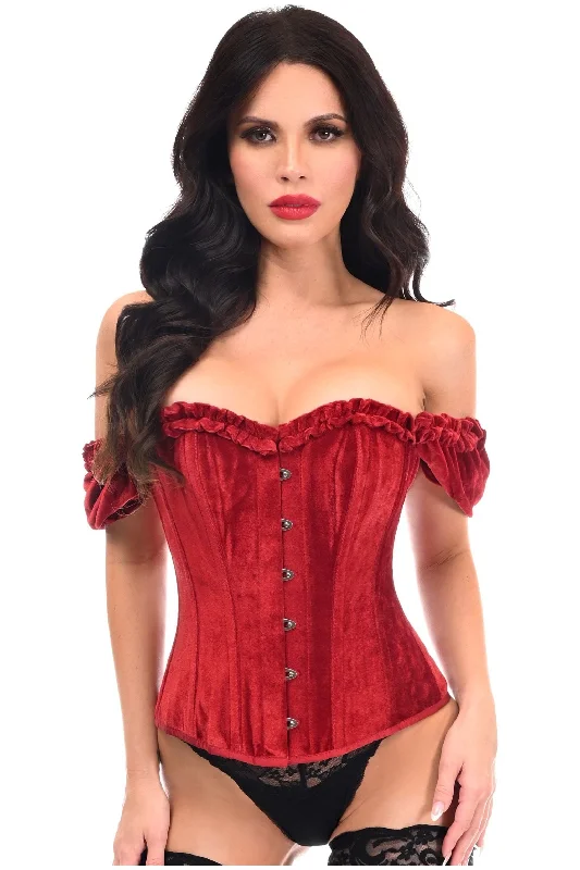 Top Drawer Steel Boned Dark Red Velvet Overbust Corset w/Sleeves