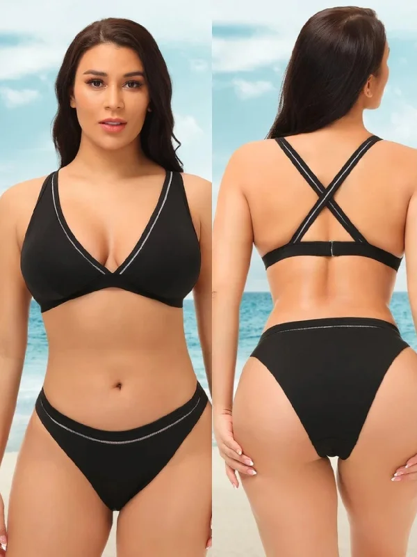 Plus Size Sexy Plunge V Two Piece Swimwear Black/White