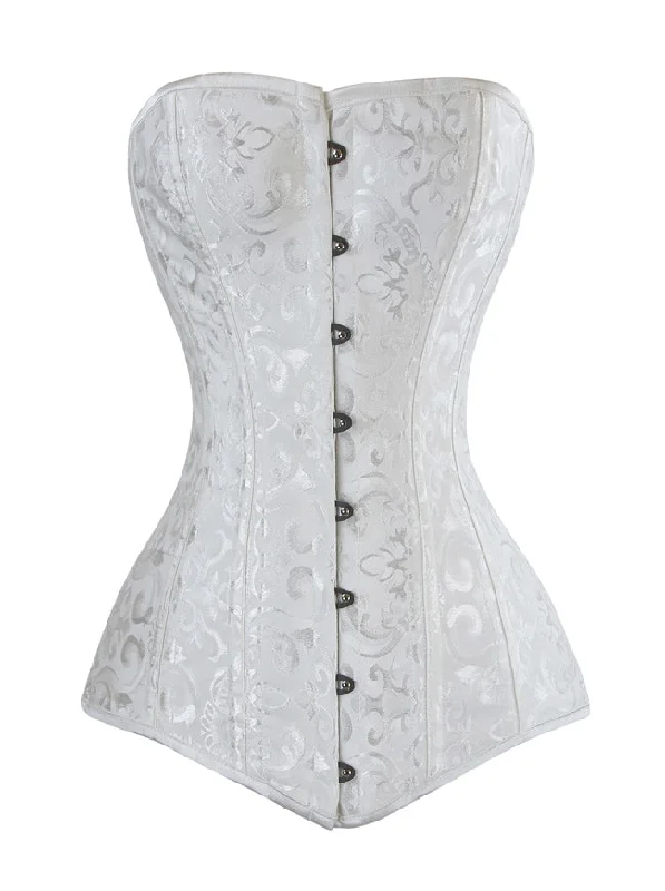 Women's White Plus Size Satin Steel Boned Long Torso Overbust Corset Top