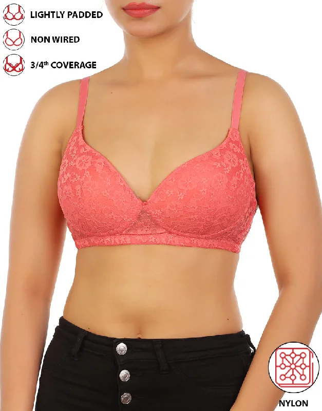 LOSHA LIGHTLY PADDED WIRE-FREE 3/4TH COVERAGE ALL OVER LACE BRA- GEORGIA PEACH